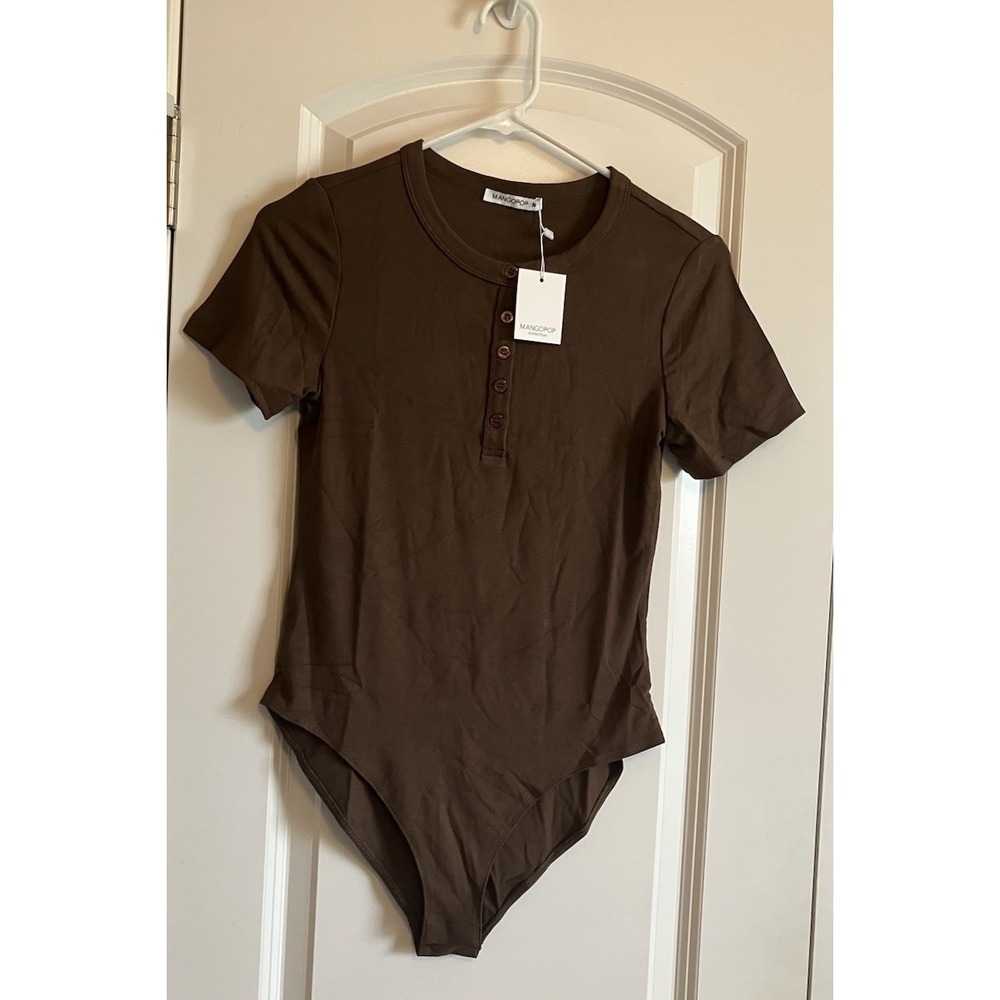 MANGOPOP Bodysuit Women M Brown NEW Henley Scoop Neck Ribbed Short Sleeve C211